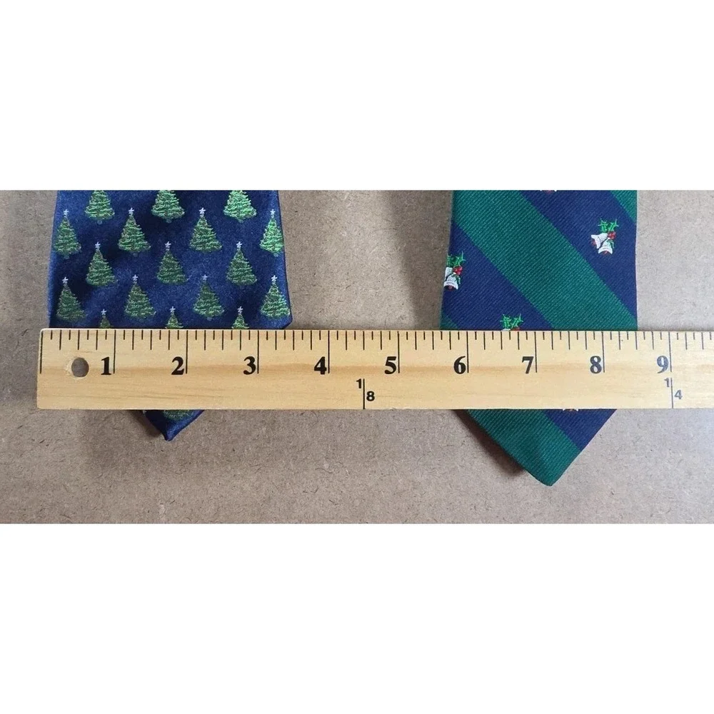 Lot of 2 Christmas TIES /  BELLS HOLLY‎ AND CHRISTMAS TREES NEW AND USED